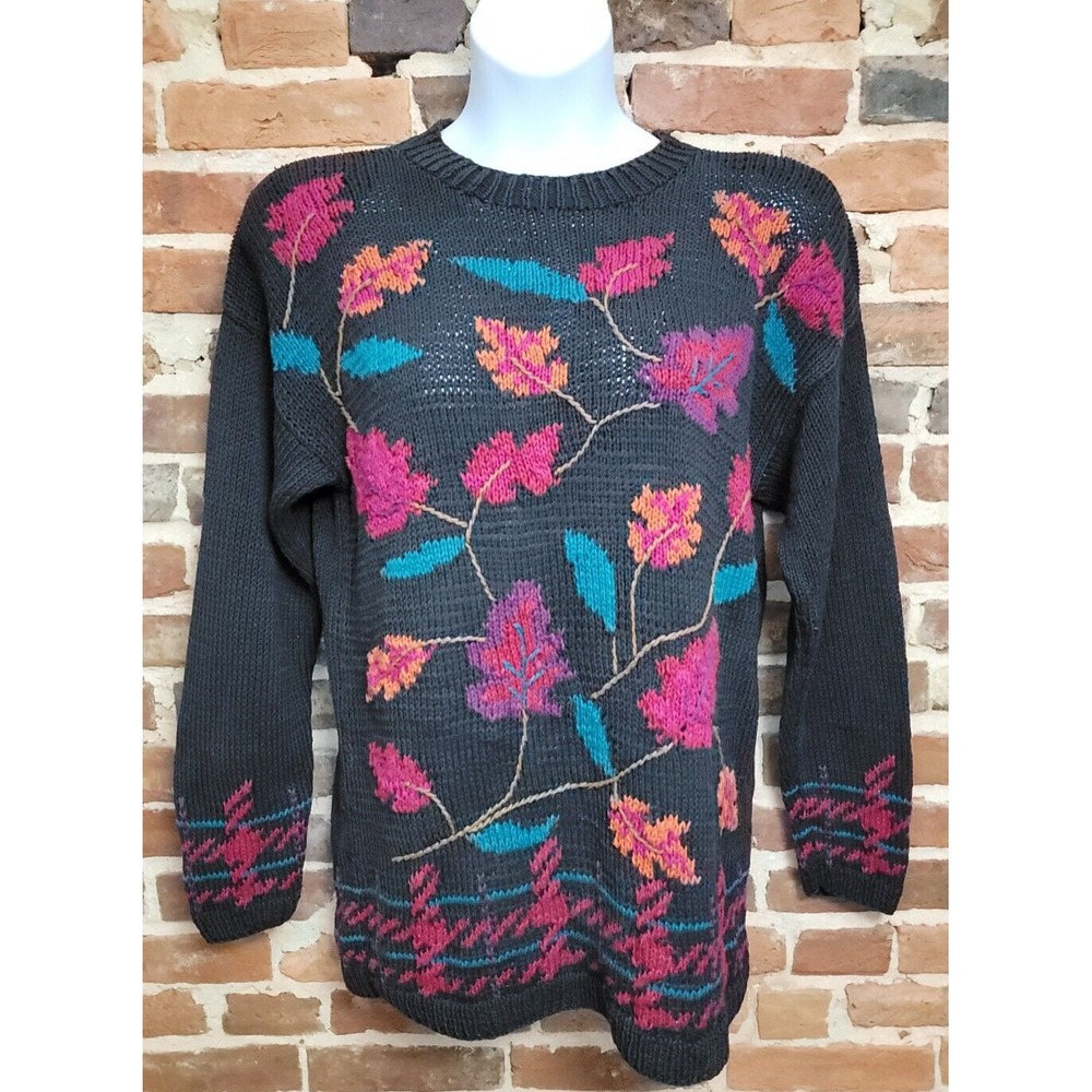 Vintage Fall Cardigan Womens Medium Sweater Colorful Leaves Chunky Hand Knit